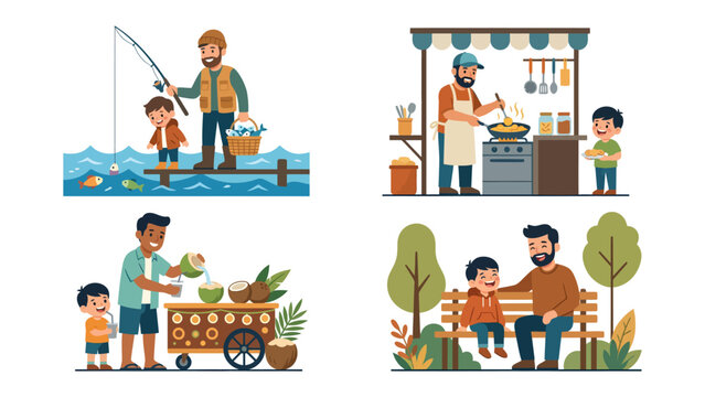 Family Moments: Diverse scenes showcasing fathers and their sons engaged in everyday activities. A heartwarming collection of illustrations, conveying a sense of unity and shared moments.