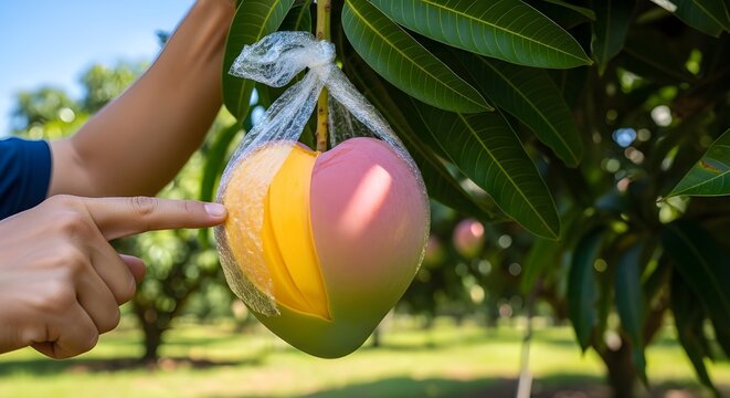 Seorang pemuda menunjuk buah mangga