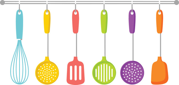 Colorful kitchen utensils hanging on rail, flat vector illustration set of cooking tools including whisk spatula ladle and skimmer isolated on light background\