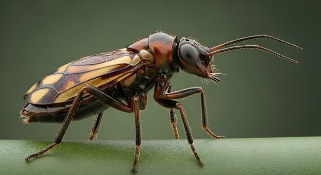 Close-up Macro Shot of a Wasp-like Insect with Striped Wings on a Green Stem