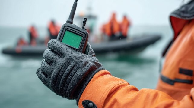 Detailed View of a Black-Gloved Hand Holding a Communication Device in a Weather-Resistant Environment Near a Rescue Boat