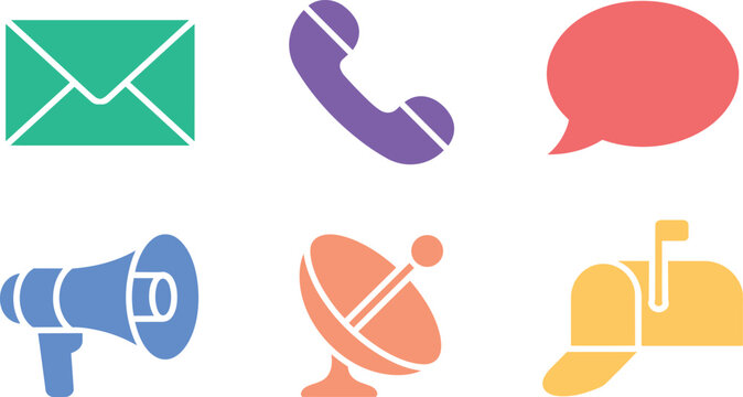 Communication icons set representing mail phone chat megaphone satellite and mailbox with app design