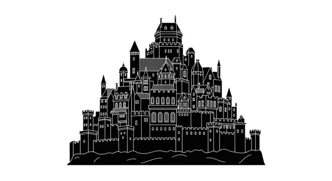 Black silhouette of a medieval castle with towers and walls on a white background