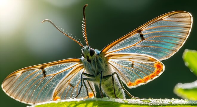 Glasswing Butterfly with Transparent Wings on Green Leaf, Macro Photography