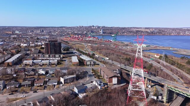 Aerial Traffic Flow On Highway Interchange Leading To Bridge Halifax Nova Scotia Canada Morning Commuter Vehicles Urban Transport Infrastructure 4K 