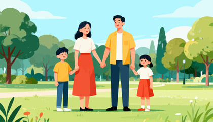 Fototapeta premium Family hand in hand stands in a bright, green park. Parents smile warmly beside their two children. Soft clouds drift above tall, leafy trees. Children look joyful, dressed in colorful outfits