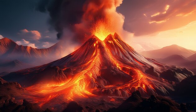 erupting volcano dramatic 3d render fiery lava flow volcanic landscape volcano eruption lava volcanic eruption lava flow