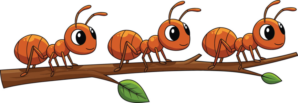 Cute cartoon ants walking on tree branch, teamwork and cooperation concept, adorable insect characters in flat vector style for kids education and nature design