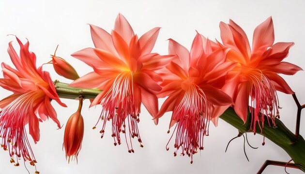 vibrant coral epiphyllum flowers cascade from a branch against a white backdrop showcasing intricate detail and botanical elegance beautifully
