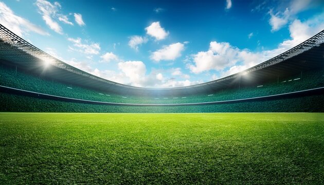 green grass stadium outdoor field sports blue sky clouds empty sunlight day close up nature summer bright lawn turf wide open background horizon recreation leisure game competition arena grassland