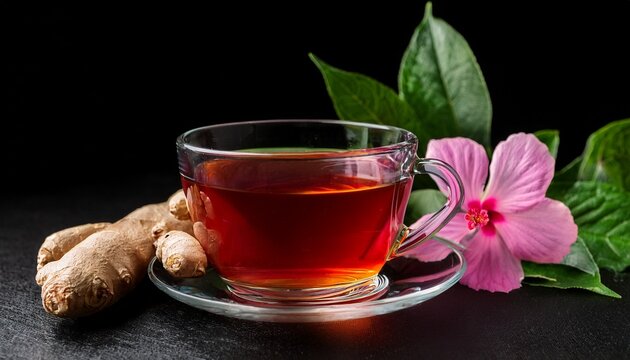 ginger root red herbal tea pink flower green leaves glass cup black background natural drink fresh ingredients healthy beverage close up