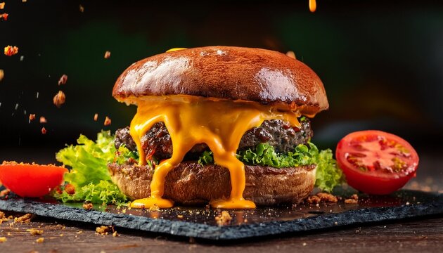 a mouthwatering smashed burger with melted cheese and sauce a juicy beef patty toasted bun fresh tomato and crisp lettuce