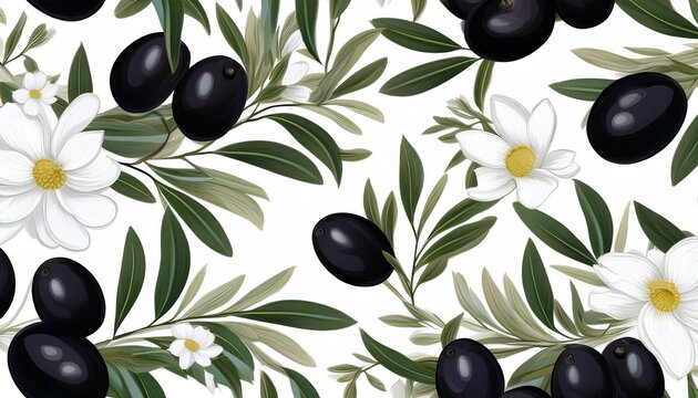 seamless pattern black olives and white flowers on white background textile wallpaper web design