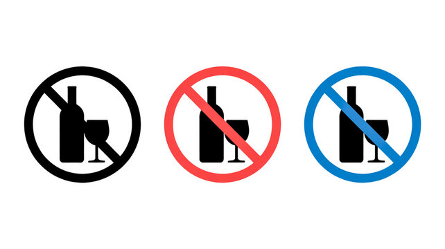 A graphic illustration of three no drinking signs with wine and bottle icons.