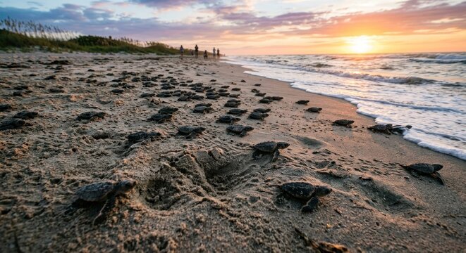 Baby sea turtles hatching and making their way to the ocean at sunset.