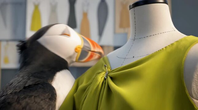 A charming puffin meticulously pins a vibrant lime green fabric onto a professional tailor mannequin, creating a delightful scene of avian fashion design within a creative studio environment.