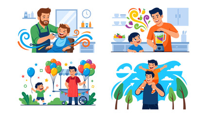 Fototapeta premium Everyday Fatherhood Moments: A vibrant collage showcasing the beauty of everyday experiences and the deep bond between parent and child, portraying scenes from a barbershop, healthy food preparation.