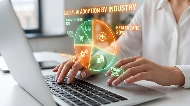 Businesswoman analyzing global AI adoption by industry