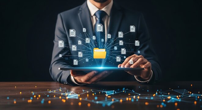 Businessman managing digital data organization and file sharing via tablet with glowing network connections and document icons radiating from a central folder.