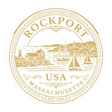 Vintage Rockport Massachusetts nautical emblem with lighthouse and sailboats circular vector illustration