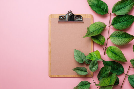 Stylish minimal composition with clip board and green leaves on a pink pastel background. Artwork mockup with copy space