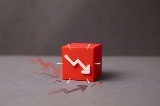 Red cube with downward zigzag arrow and fragments on gray surface. Conceptual finance image symbolizes decline, recession, falling stock prices, negative trend, and economic downturn.
