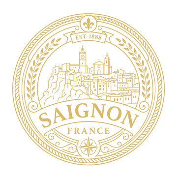 Vintage gold Saignon France emblem featuring hilltop village scenery vector illustration