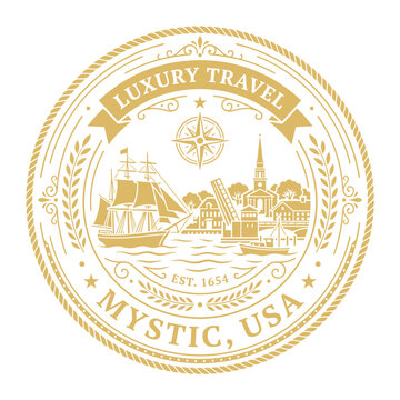 Gold vintage Mystic USA luxury travel nautical seal with tall ship vector illustration