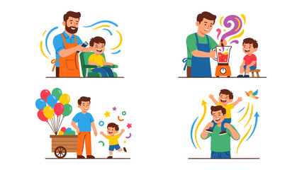 Fototapeta premium Family Fun Illustrations: Capturing precious moments, these vibrant illustrations depict a father's playful interactions with his son, celebrating the joy of fatherhood in various scenes.