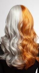 Naklejka premium Woman's back view, half silver, half orange wavy hair against white