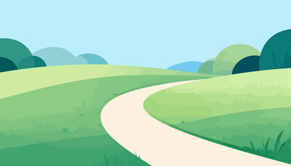 Fototapeta premium Winding path curves through soft green hills. Sky is clear and calm above the scene. Distant trees form gentle, rounded silhouettes. Color palette is soothing and nature-inspired