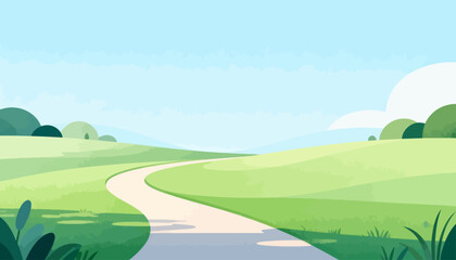 Fototapeta premium Curved path winds through soft green hills. Sky is clear, light blue above gentle hills. Trees dot the landscape in rounded shapes. Path invites travelers to explore quiet countryside