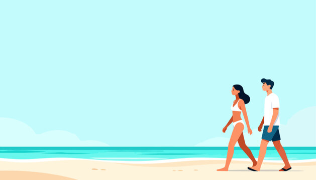 Sunlit beach, couple strolls barefoot. Soft sand meets turquoise ocean waves. They walk side by side, calm, content. Blue sky stretches wide, uncluttered and bright. Perfect for travel, romance