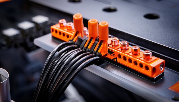 glowing orange connectors with black cables in close up view of engine test bench showing detailed mechanical and electrical components in minimal style