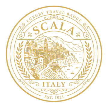 Gold Scala Italy luxury travel badge with coastal village landscape vector illustration