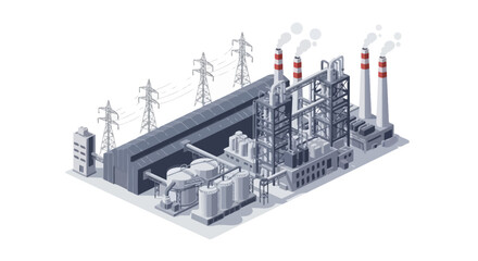 Obraz premium Isometric illustration of an industrial complex featuring factory buildings, tall smokestacks, and power lines, representing energy production and infrastructure