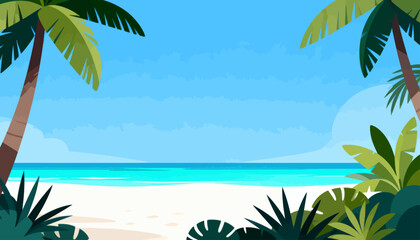 Fototapeta premium Tropical beach under clear blue sky. White sand meets turquoise ocean gently. Palm trees frame the serene coastline. Green foliage adds depth to the landscape. Ideal for vacation, travel