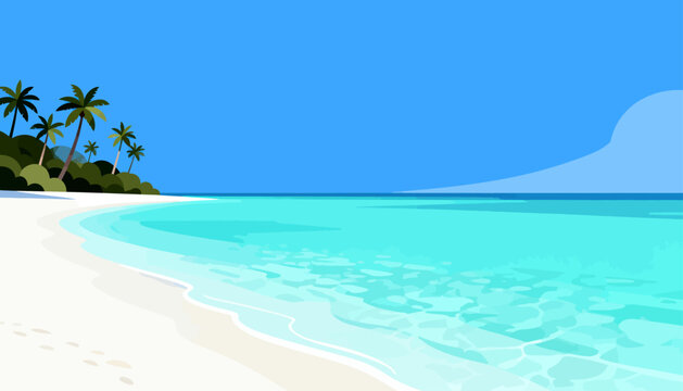 Calm turquoise waters meet soft white sand. Palm trees stand tall against clear blue sky. Sunlight glints gently on the surface. Secluded beach invites quiet relaxation