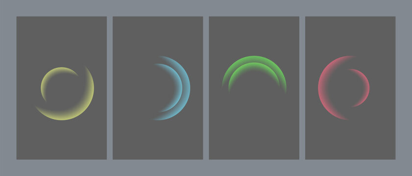 Minimal dark collection of glowing neon yellow blue and green circle frames for futuristic technology backdrop banners.
