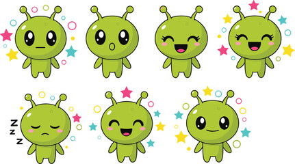 Obraz premium Cute green alien characters with different emotions and expressions, cartoon vector illustration set with happy sad sleepy faces isolated on light background