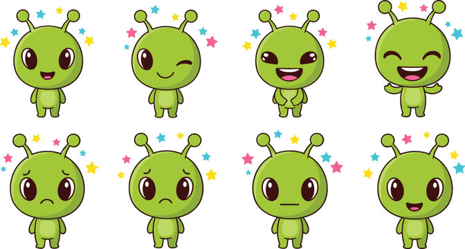 Cute green alien characters set with different facial expressions cartoon mascot collection for kids design stickers emoji and playful vector illustration