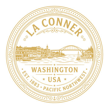 Vintage gold circular seal of La Conner Washington waterfront landscape vector illustration