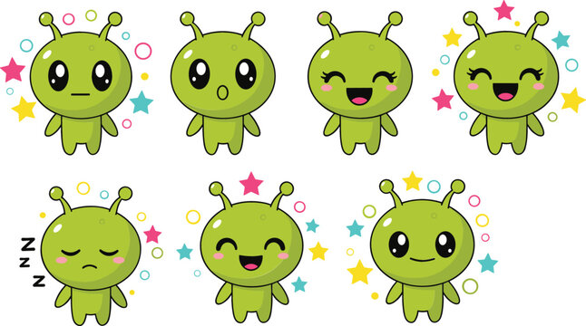 Cute green alien characters with different emotions and expressions, cartoon vector illustration set with happy sad sleepy faces isolated on light background