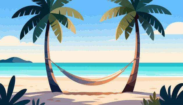 Sunset bathed palms sway gently. Beach hammock invites quiet relaxation. Tropical calm wraps around sandy shores. Perfect for vacation, escape, or serene moments