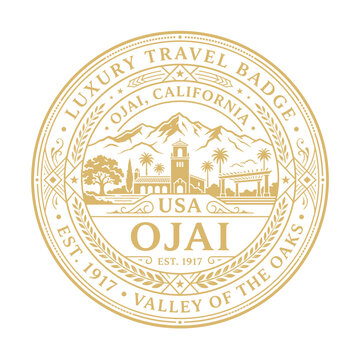 Elegant Ojai California luxury travel badge with mountain landscape and mission architecture vector