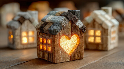 Fototapeta premium A Cozy Miniature House with a Glowing Heart, a Powerful Symbol of Home and Love. Ideal Background for Real Estate, Community, and Holiday Greetings.