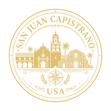 Vintage San Juan Capistrano California landmark seal with mission architecture isolated vector illustration