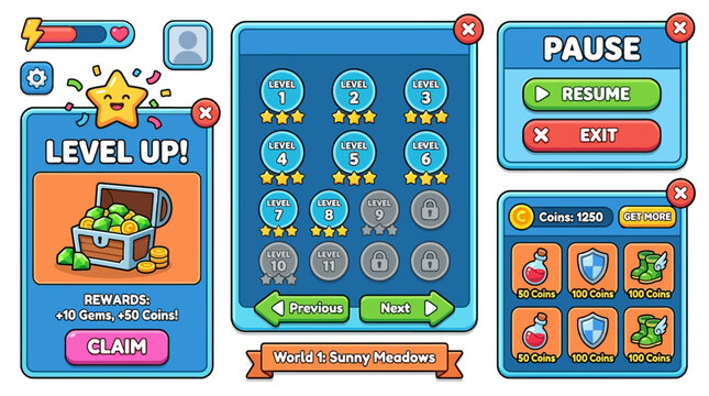 A screenshot of a mobile game interface with various buttons and menus on a white background with a blue and orange color scheme.