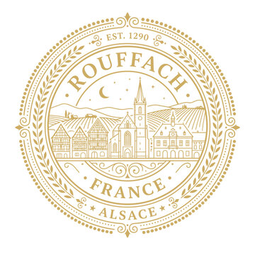 Vintage gold circular emblem of Rouffach France featuring landscape and architecture vector illustration
