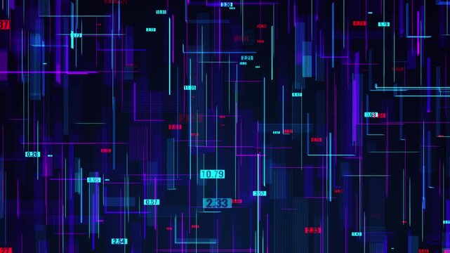 An abstract animation of digital data using neon lines and numeric markers against a dark background. The animation conveys the dynamics of technological development, financial indicators, and big dat